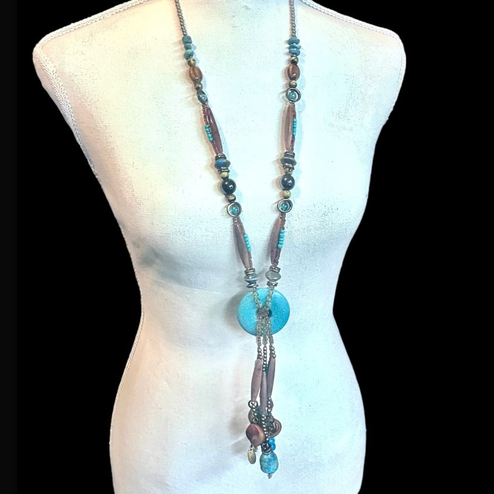 Treska Brand Turquoise and Brown Double Beaded Statement Necklace; EUC!